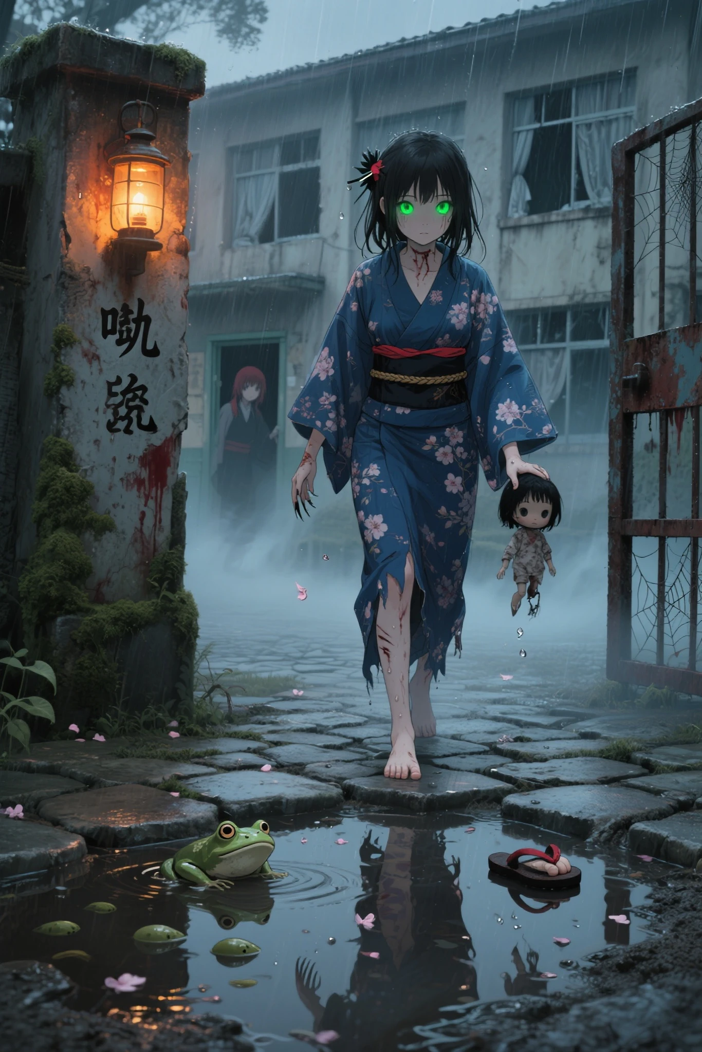 (1 girl:1.2), solo, himecut,traditional japanese clothes,looking afar, red eyes,standing,cartoon style, joe fenton, a black and white photo of deadpan, camping, unbecoming, gnawling, envy, Ghast (Lovecraftian),calm, soft smile, Wayne Barlowe,