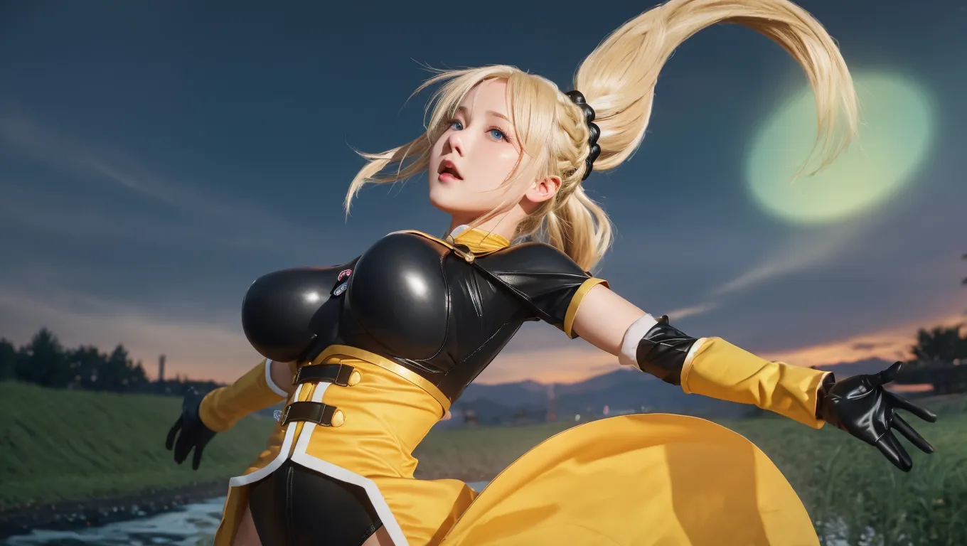 lalatinadustinessford, huge_breasts, standing, solo, Black_bodysuit_Yellow_high-waist_skirt_Front_slit_Red_bowtie, starry_sky,, masterpiece, best quality, detailed face, detailed eyes, highres,