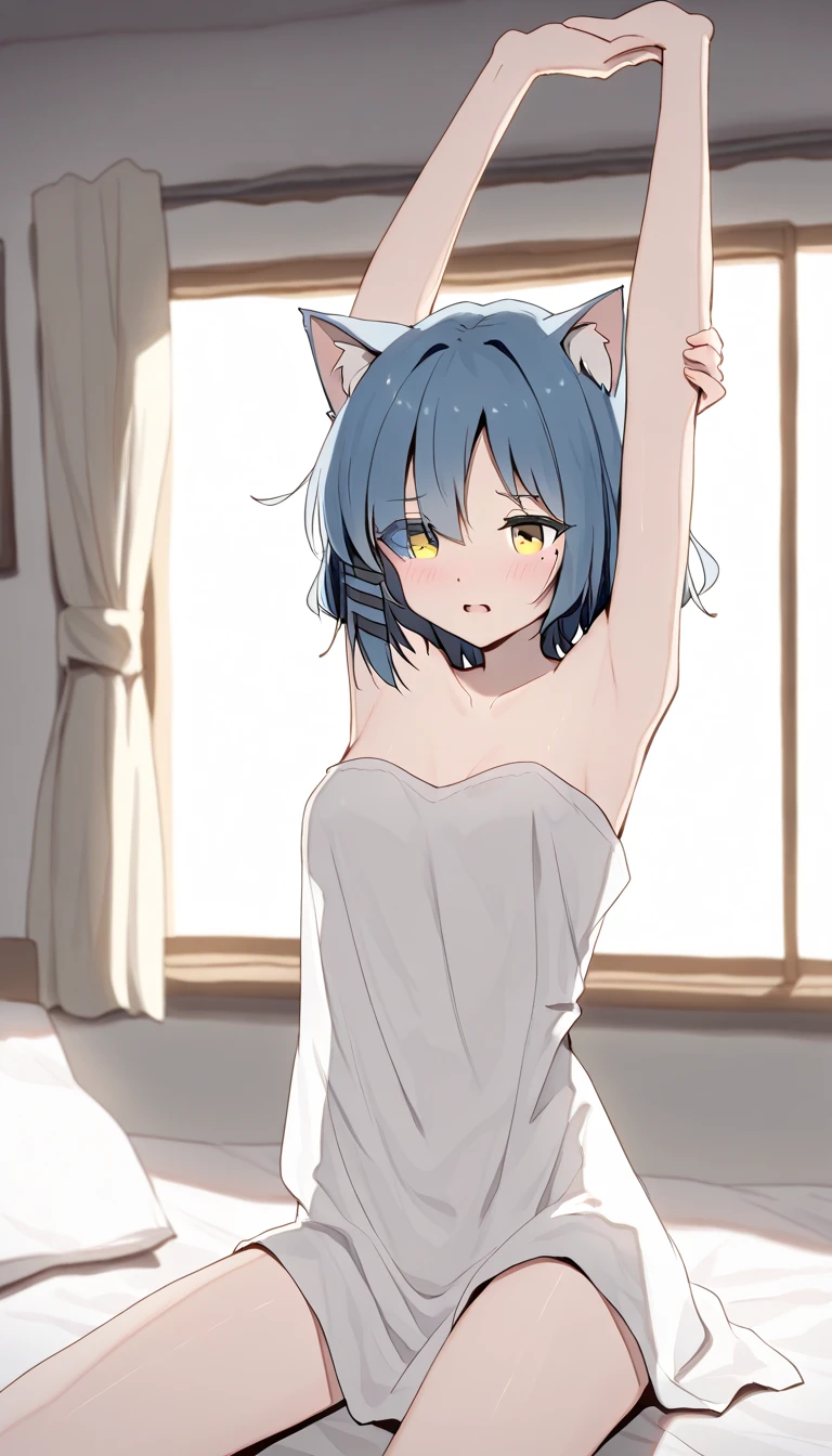 ((Masterpiece)), 8K, from behind, glowing light, very messy hair,( dirty bedroom at night, walking), (exposed breast, tattered and torn wet towel, Cover yourself with a towel. Slender small breasts, blush and smile face), Textured skin, cat ears, pale brown hair, Cute Beautiful girl