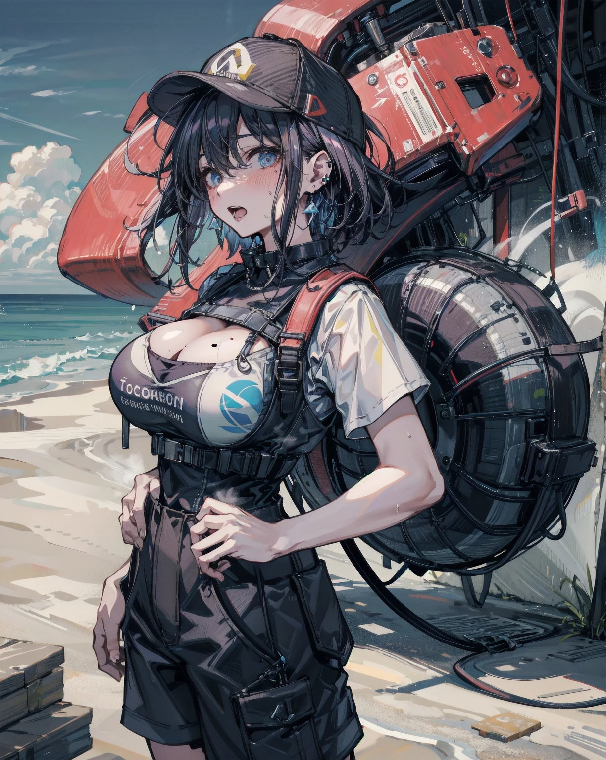 An Extremely Photorealistic Full Body View Of A Sumptuous Caucasian Militant Tank Girl With Awesome Black Hair And Grey Eyes Wearing A Rainbow Colored Bikini with an ankle bracelet on Posing On The Beach At Night Under The Neon Moonlight, PhotoRealistic Background, fantastical, ethereal, atmospheric, DOF, vibrant lighting, hyper-realism, best quality, highly detailed, resolution, 8k, DSLR, HDR, UHD, Fujifilm X3.