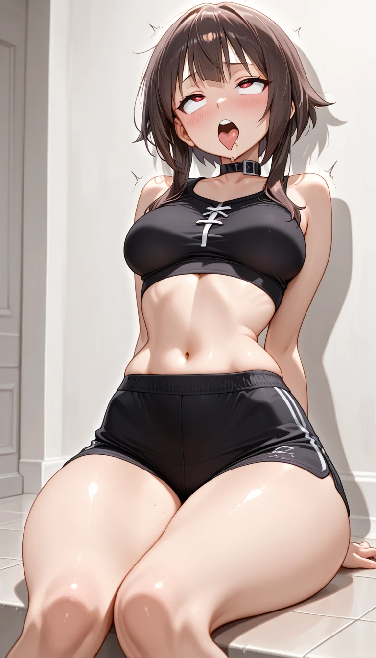 a cute girl , dolphin shorts , NSFW , big tits black background , spread legs , squatting , closing eyes , thick thighs , closing eyes