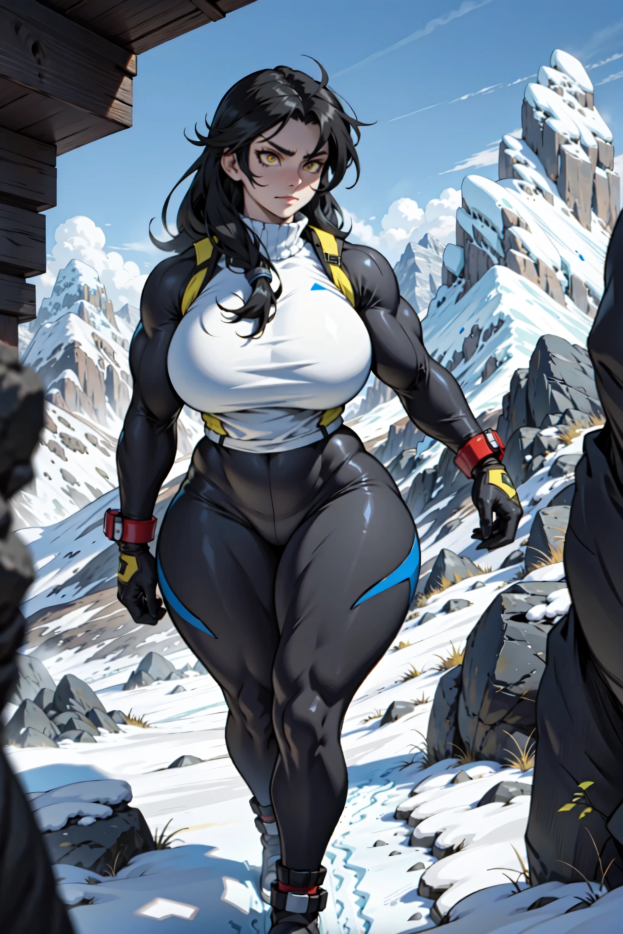 ((1 girl)), solo, black hair, extremely long hair, yellow eyes, (angry), pale skin, (((((((muscular))))))), ((thick thighs)), ((huge breasts)), (((white body suit))), (((wide hips))), mountain range background, (shiny skin), close up