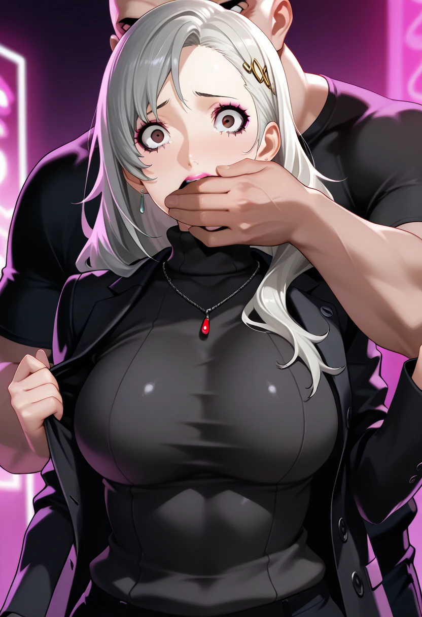 Mirajane, natural lighting, masterpiece, highly detailed, illustration, game CG, absurdres, high quality, aichan, large breasts, beautiful detailed eyes, short, eyes wide, shocked, surprised, collarbone, Mirajane has a huge ass, Mirajane is nude, Mirajane has huge tits, huge penis,vaginal object insertion, vaginal, imminent vaginal,ass focus, full nelson, Mirajane tongue out, Mirajane is cumming, milk linking of Mirajane tits, (tape gag), (tape bound), (arms bound), eyes rolling