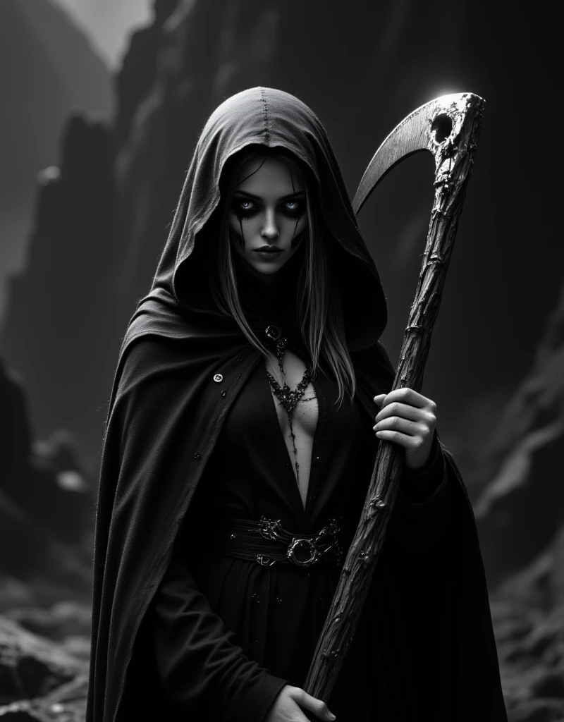 a female grimm reaper warrior, dark hooded robe, scythe weapon, gothic fantasy, intricate details, dark moody lighting, dramatic pose, intense glowing eyes, detailed facial features, long flowing hair, dark shadowy background, photorealistic, 8k, highly detailed, cinematic, dramatic lighting, dramatic atmosphere, striking pose