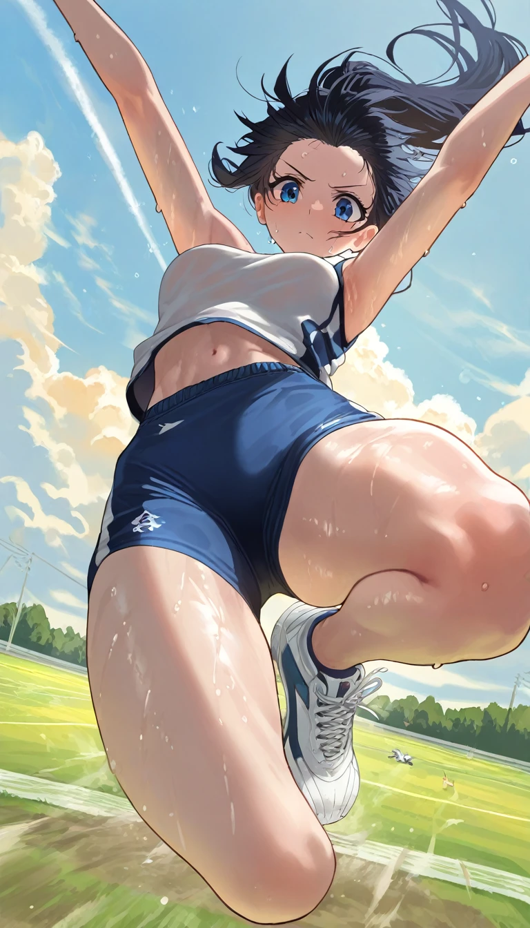 zydG, 1girls, Front view, stand, looking the viewer, exposed skin, (from below),brown-eyed, (brown veryshort hair:1.2), (light hair), (medium breasts:1.4), smile with white teeth, (photorealestic:1.4), (Top image quality:1.0), (UltraHighResolution:1.0), 8K, Raw photography, (A masterpice:0.2), track and field uniforms, show abs, (sweat, wetty:1.1), portlate, facefocus, ful body,(pureerosface_v1:0.5), outdoor, track and field,