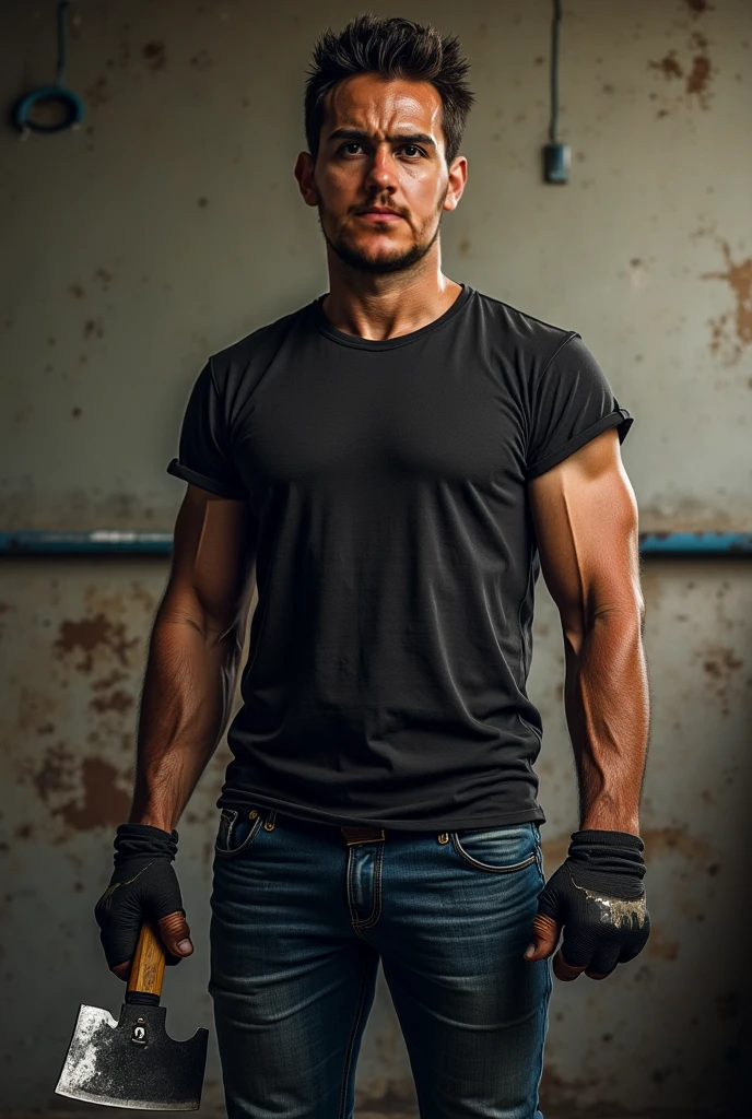 (Man walking in the city in the middle of the road),(crew cut hair:1.3),black eye,(Wear a fitted round neck t-shirt in navy with a police badge.:1.5),(fit neck),Navy blue jeans,(black_gloves:1.2),Korean guy,chest muscles,large arm muscles,blood vessel,Big muscles,Broad shoulders,(open mouth:1.1),(open eyes:1.3),(cave dungeon:1.5),(full_shot:1.3),(wide_shot:1.3),(It's dim.:1.4)