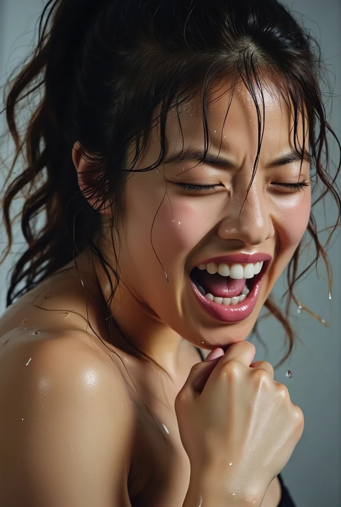 beautiful japanese actress、1 girl,debris flies,,award winning photos, very detailed, focus the eyes clearly, nose and mouth,face focus, super close up of face、woman with open mouth and closed eyes, black camisole、20-year-old,black hair、symmetrical face,realistic nostrils、angle from below、elongated C-shaped nostrils,,,,,,,,,,,NSFW,background white、sweaty and shiny skin、skin shining with sweatを強調する照明、((sharp nose))((skin shining with sweat、shiny skin))、sweaty hair、sun&#39;Rays shine、(wrinkles between eyebrows))（long tongue)、deep kiss、((thin eyebrows))oily skin、glistening shining skin、double eyelid、wet and shiny tongue、Beautiful face woman with wet tongue full of foam、beauty of japan、medium hair,roll your eyes、shortcut、(((wet filter))),The wet and shiny inside of the human body,
