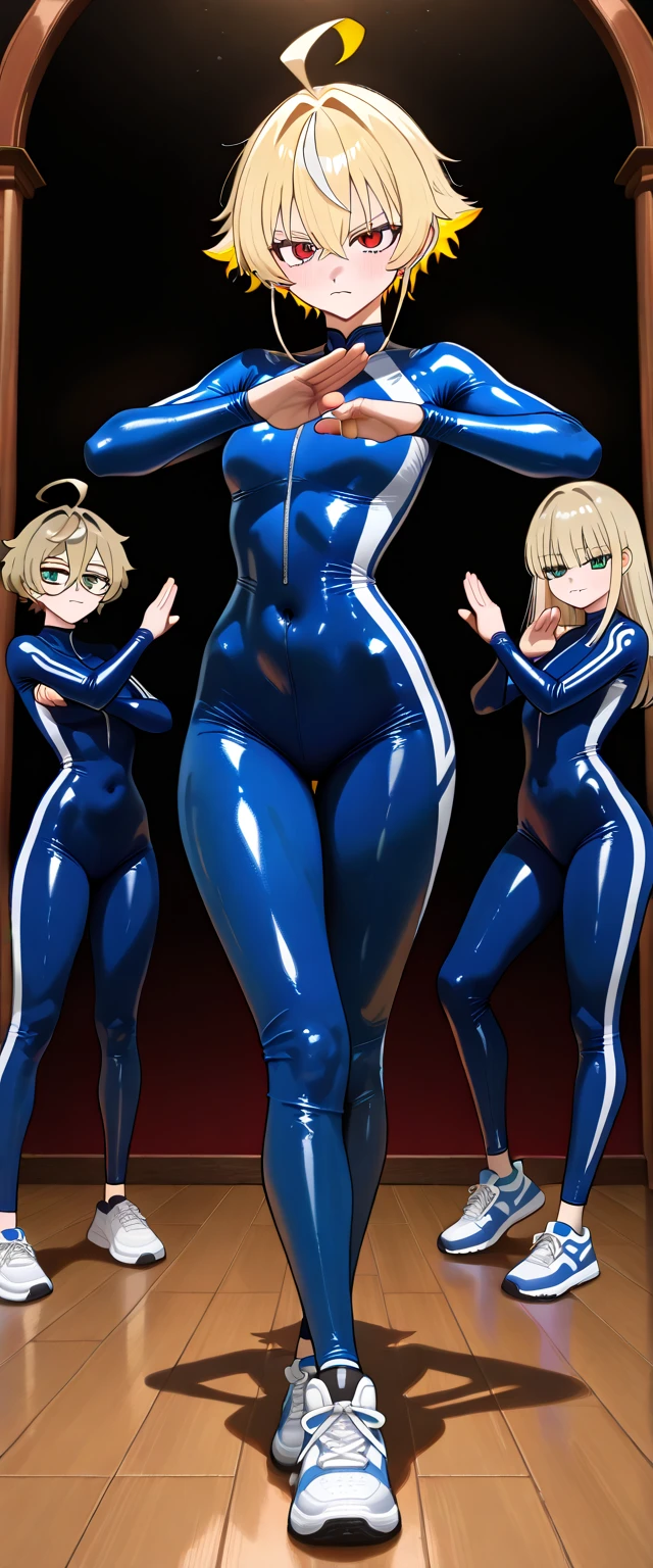 (high quality,Very detailed:1.37, High resolution), Woman, defSamus, blonde hair, bodysuit, blue clothes, blue pants, high heels, large breasts, (wetting herself:2.0), standing, (arms crossed:1.5), (embarrassed:1.5), (humiliation:1.5), (angry:1.25), (blushing:1.5), open mouth, Meticulous details, (extremely detailed eys:1.37), A moonlit sky with a futuristic hue