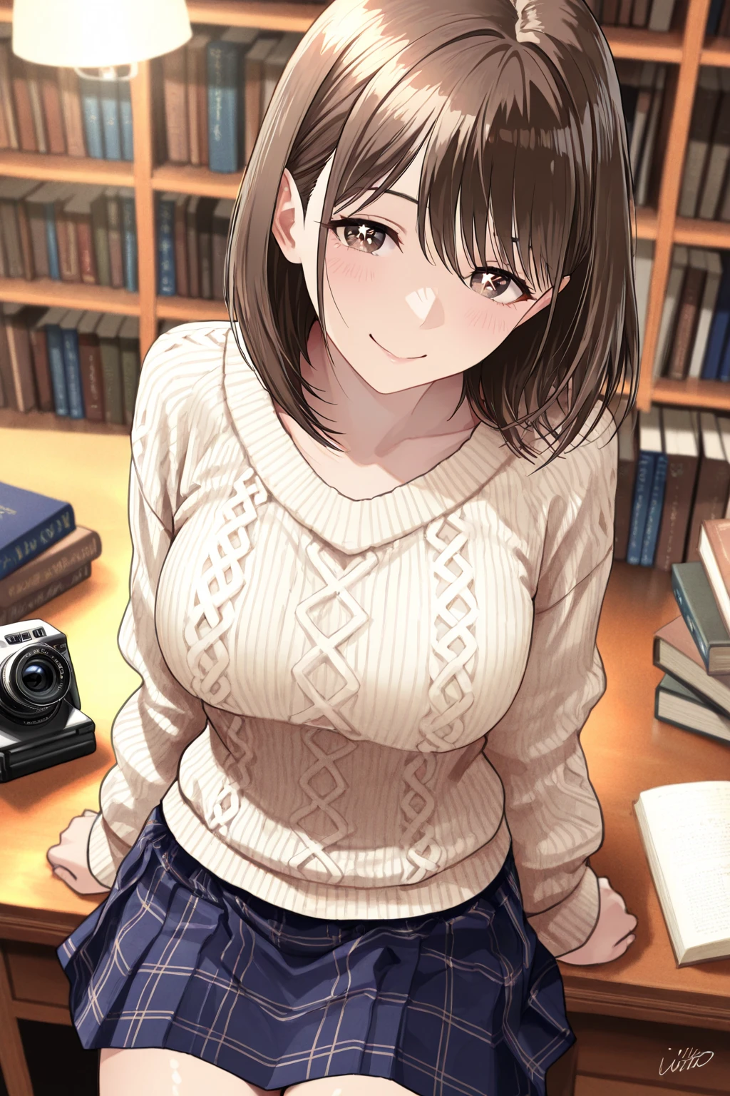 nsfw:1.2,(masterpiece:1.2, Highest quality, Ultra-high resolution, Super detailed), (Realistic, photoRealistic:1.4), Beautiful illustrations, colorful, (Natural Side Lighting, Cinema Lighting),
View your viewers, 1 girl, Japanese, Junior high school girl, Perfect Face, (Perfect Anatomy), Cute and symmetrical face, Glowing Skin, ,
(short hair:1.5, Straight hair:1.2, Reddish brown hair), Blunt bangs, Iris, Small eyes, Droopy eyes, Slanted Eyes, Long eyelashes, (),
Beautiful Hair, Beautiful Face, Beautiful attention to detail, Beautiful clavicle, Beautiful body, Beautiful breasts, Beautiful thighs, Beautiful feet,
((Detailed cloth texture, Pink T-shirt, Denim skirt, ),
(Beautiful views), Depth of written boundary, evening, (library), Are standing, (Smile, Upward glance, Open your mouth),No bra、Nipples are visible、Transparent nipples