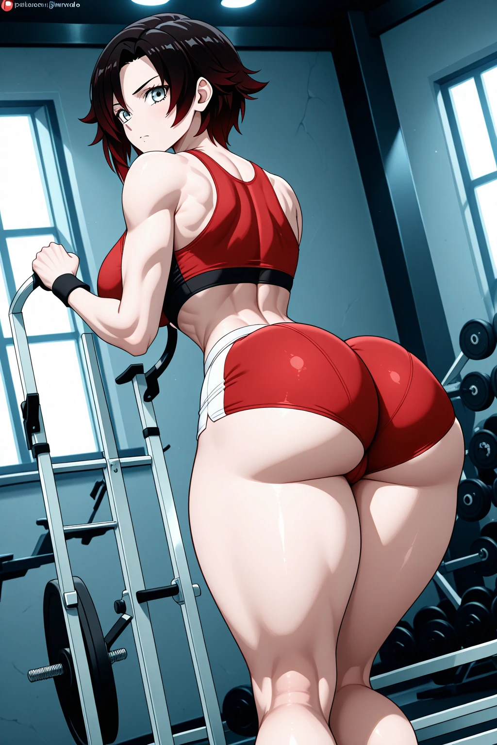 red-haired woman, tied up hair, shorth hair, greeneyes, series, angry, thick-thighs, playboy bunny, big-ass, standing backwards, working out, sweaty body