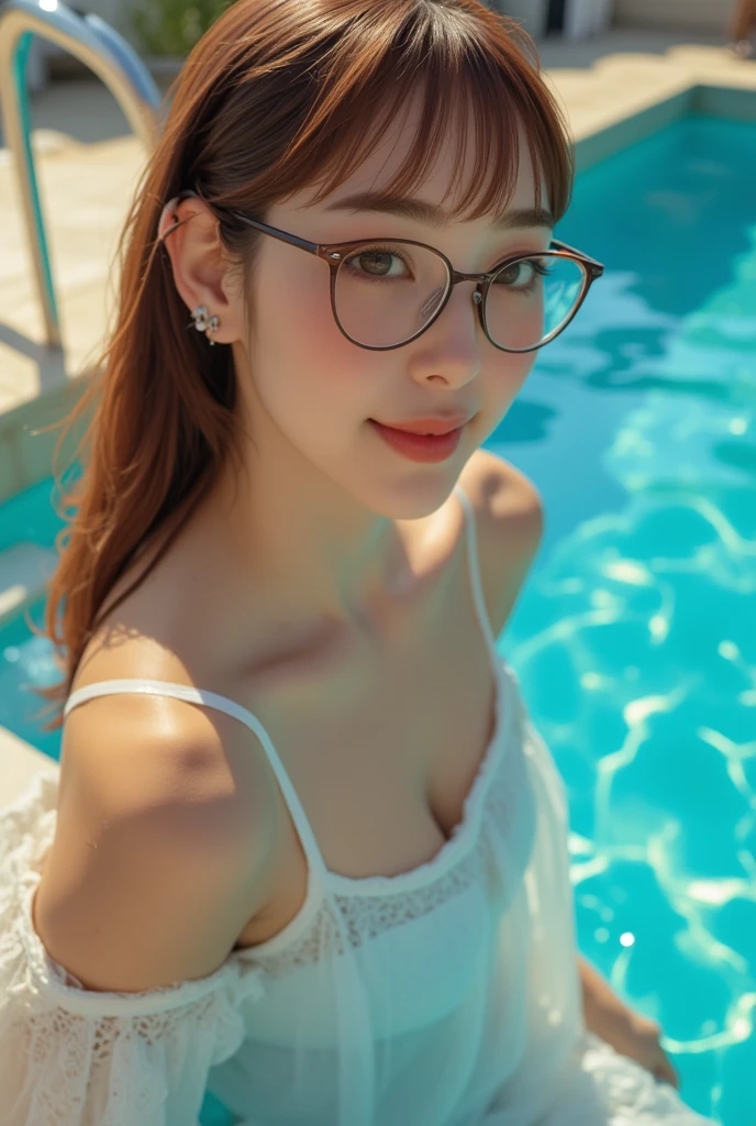 (Highest quality,8K quality,masterpiece:1.3,),(Ultra-high resolution:1.3,Realistic:1.4,RAW Photos:1.2),(Super detailed:1.2,Glowing Skin,Detailed skin:1.1),(Detailed face,Perfect Anatomy,Caustics:1.2), (Symmetrical eyes:1.3),1 Girl,cute,Japanese,18 years old,whole body,Natural brown hair,short hair,cute eyes,Natural Makeup,Wear glasses,bikini,Looking into the camera,front,Pool,Professional Writing,Natural soft light,micro-bikini,Looking up –cref {https://cdn.midjourney.featuring/66e5063e-f248-413b-bff5-ef302fee03f3/0_3.png}
