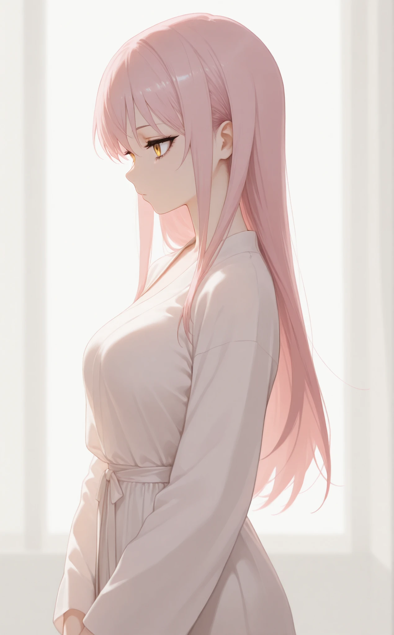 masterpiece, newest, Best Resolution, HD Quality, good lighting, safe. beautiful, adult, anime, good anatomy, . Pale pink hair , Hair below the shoulders. Golden-yellow eyes, dark eyelashes, piel clara, slim build, Medium Breasts Size D. She is 24 years old, measures 1'65 cm. looking at the spectator, Alone, white background. wearing clothes: Hanfu traditional .