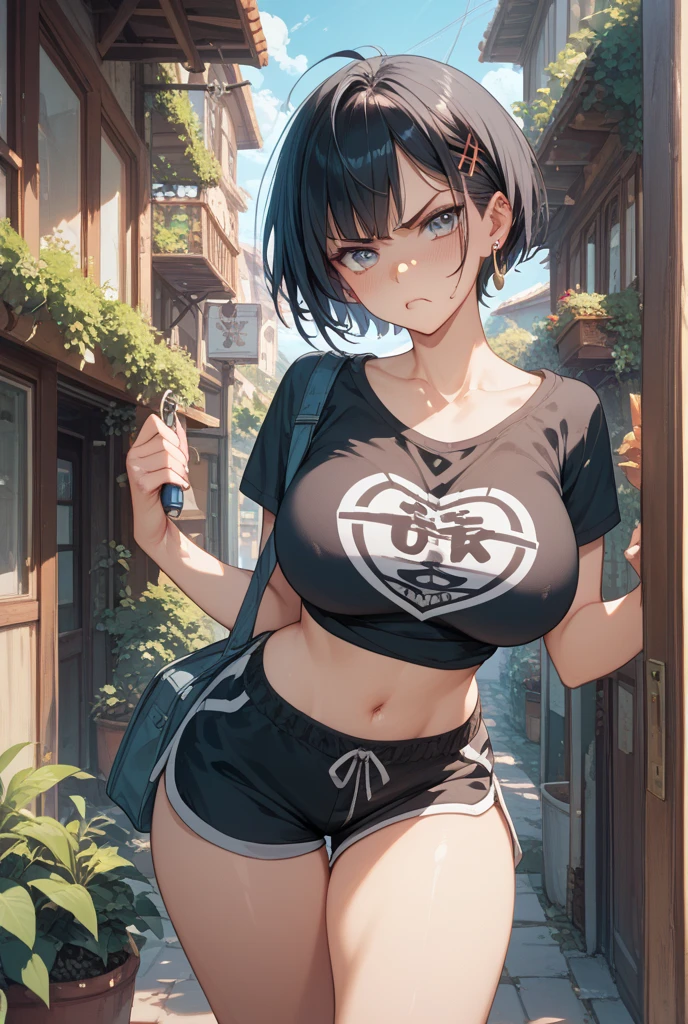 ピンクの髪、ショートヘアの女の子, stylish girl, fashion,
young face, Embarrassed face,
earrings,
baggy cargo pants,
gravure,
Rainy streets、濡れた T-shirt、Big Breasts Emphasize cleavage、Trained abdominal muscles、Erect nipples、濡れた髪、濡れた体