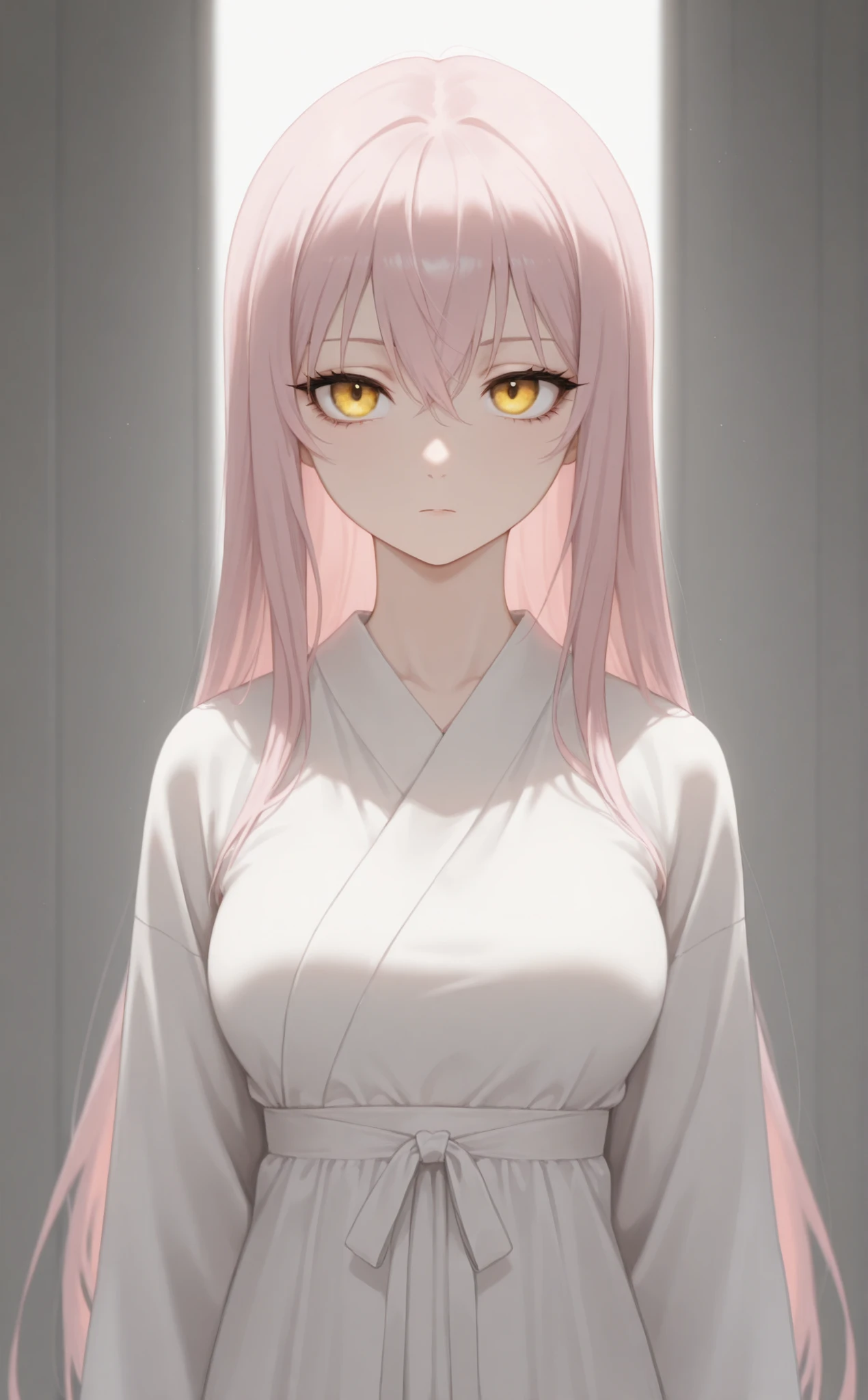 masterpiece, newest, Best Resolution, HD Quality, good lighting, safe. beautiful, adult, anime, good anatomy, . Pale pink hair , Hair below the shoulders. Golden-yellow eyes, dark eyelashes, piel clara, slim build, Medium Breasts Size D. She is 24 years old, measures 1'65 cm. looking at the spectator, Alone, white background. wearing clothes: Hanfu traditional .