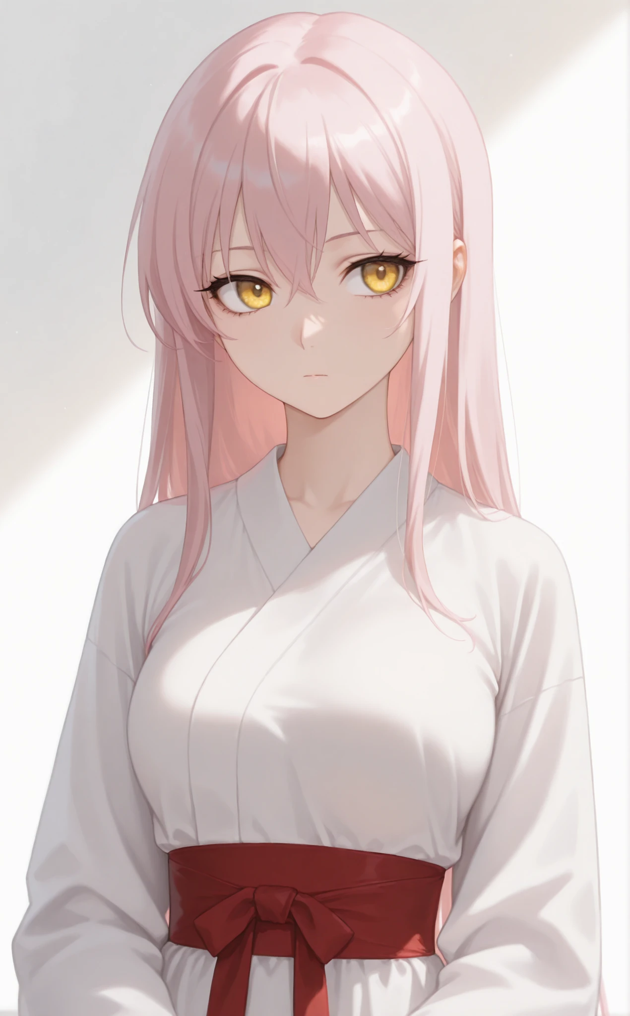 masterpiece, newest, Best Resolution, HD Quality, good lighting, safe. beautiful, adult, anime, good anatomy, .  Pale pink hair , Hair below the shoulders. Golden-yellow eyes, dark eyelashes, piel clara, slim build, Medium Breasts Size D. She is 24 years old, measures 1'65 cm. looking at the spectator, Alone, white background. wearing clothes: Hanfu traditional .
