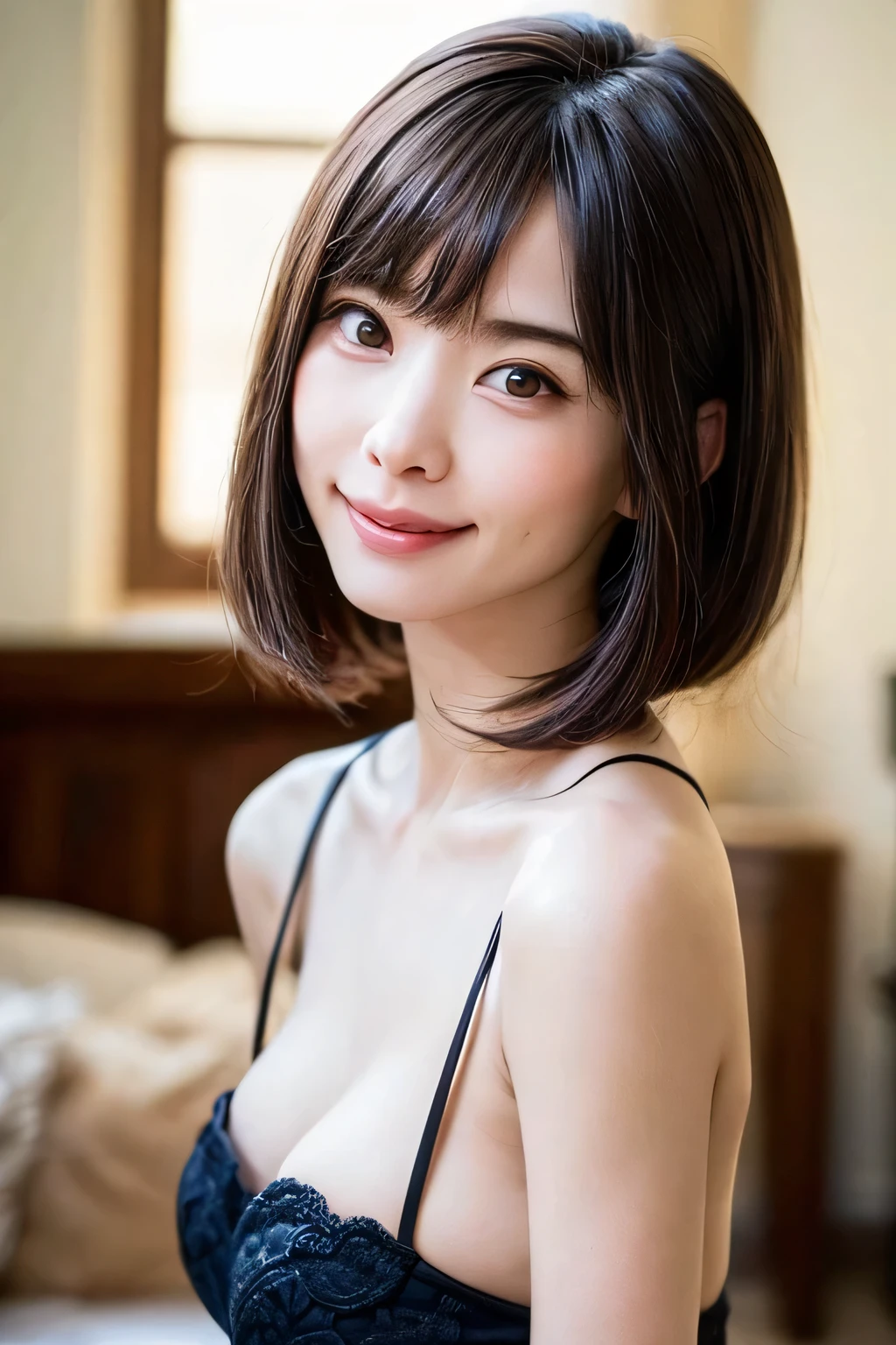 One girl, Fluffy short hair,Black Hair,smile,Inside the room, summer,Wine color,Unbutton it,Tank top,Bed,sleep,Innocence,Baby Face,6th grade elementary school,Look here,A small cleavage on the chest,transparent, (masterpiece, Highest quality), Soft Light, Structure of the film, Like a movie