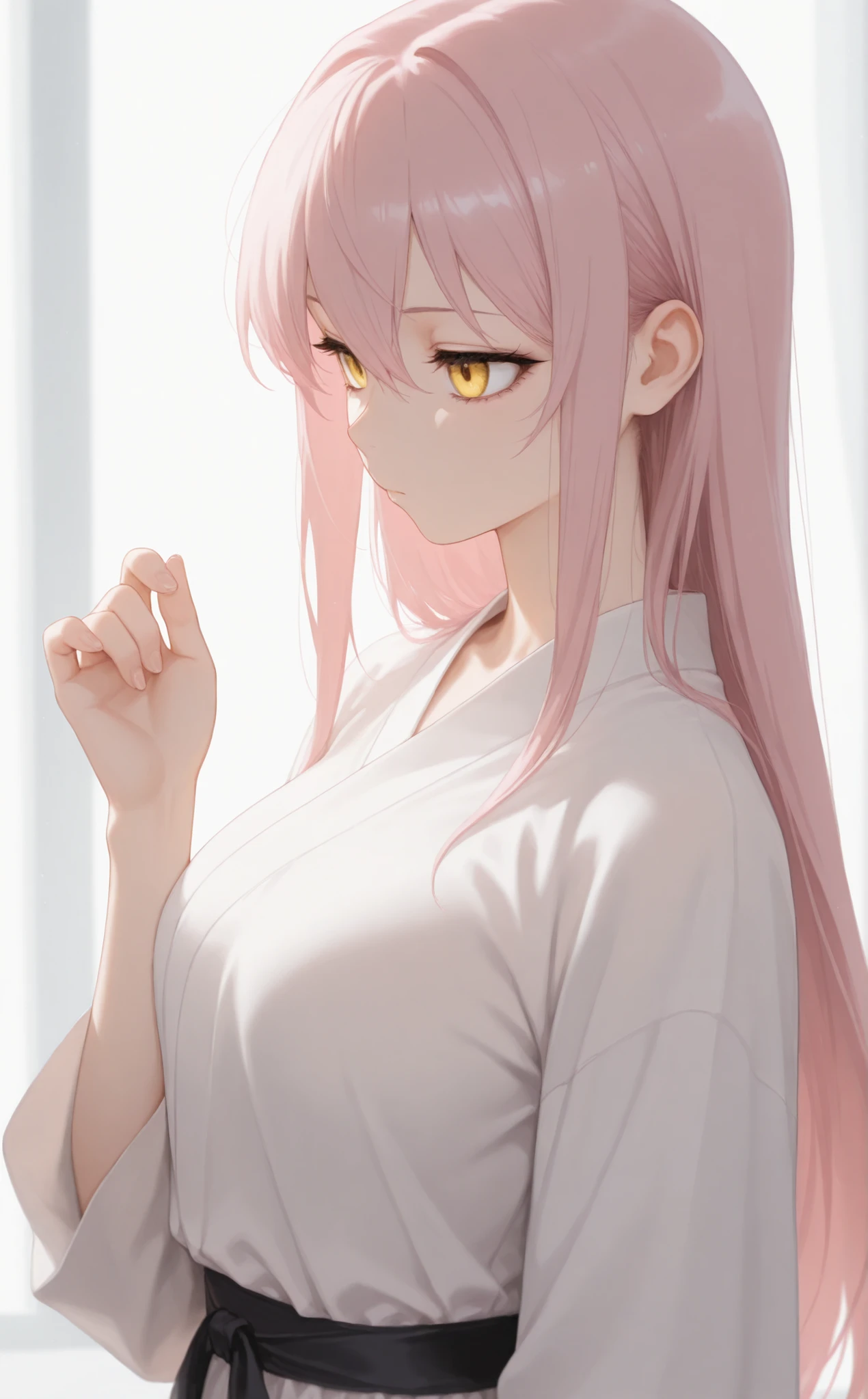 masterpiece, newest, Best Resolution, HD Quality, good lighting, safe. beautiful, adult, anime, good anatomy, .  Pale pink hair , Hair below the shoulders. Golden-yellow eyes, dark eyelashes, piel clara, slim build, Medium Breasts Size D. She is 24 years old, measures 1'65 cm. looking at the spectator, Alone, white background. wearing clothes: Hanfu traditional .