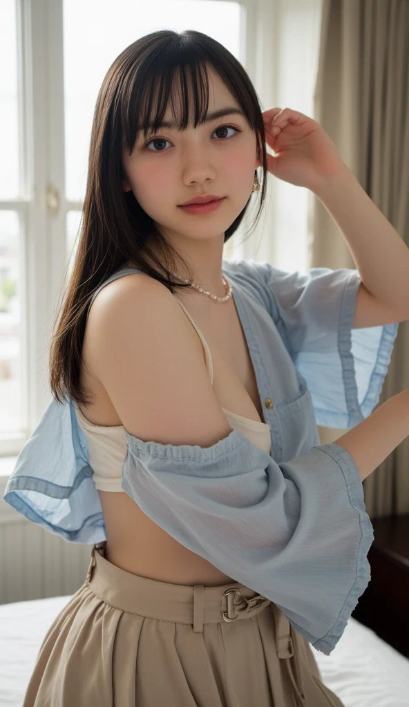 (8k、RAW Photos、Highest quality、masterpiece:1.2)、((Japanese-style room、Light blue kimono、Smiling with teeth showing、Very flat chest、Nipples:1.5))、((Skinny body、bangs、naked:1.3))、(Realistic、Realistic)、1 girl、(On the bed、Are sleeping、pubic hair))、cute