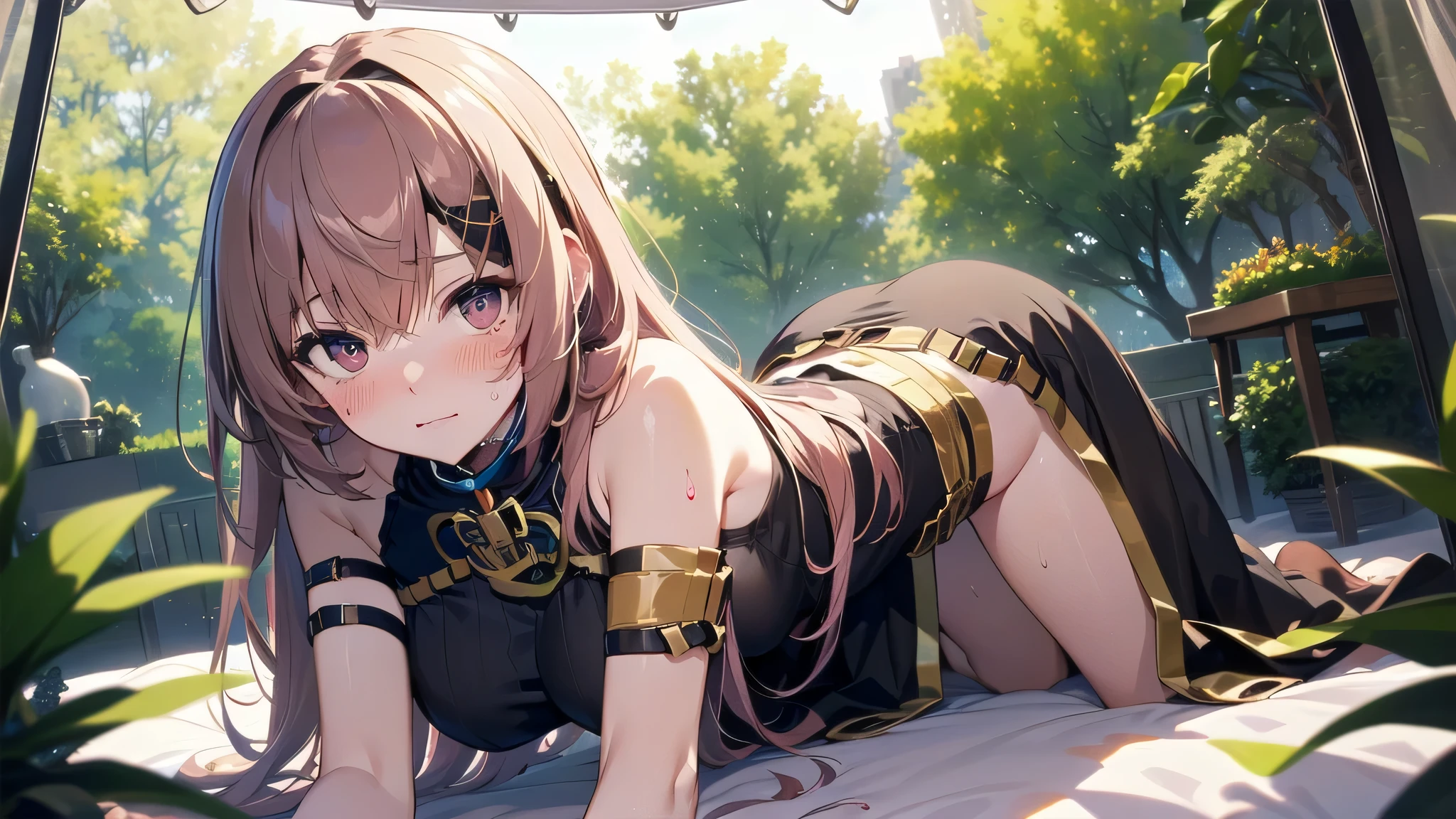(masterpiece,Best Composition,Depressed Illumination,top quality,Super Detailed),best shadows,Rim lighting,perfect composition,(solo,Megurine Luka:1.5),glamorous body,pink long Hair,beautiful big eyes,look at here,shy,(Blushing,Sweating:1.3),big breasts,((on all fours,Place elbows on the canopy bed,Lift hips a little,tilt head:1.5)),pink room,houseplants