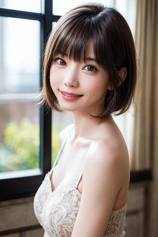 One Girl, ( Delicate girl:1.3), (16 years old:1.3), break, (Girly Room Background:1.2), break, Embarrassed Laugh, Very beautiful eyes, (Symmetrical eyes:1.3), break, (Big Breasts:1.3), Brown eyes, Parted bangs, Brown bob cut hair, Round face, cute, break, (Eye and facial details:1.0), Looking into the camera, cute服装, masterpiece, Highest quality, RAW Photos, Realistic, Cute Girls, High resolution, Very detailed, Cinema Lighting