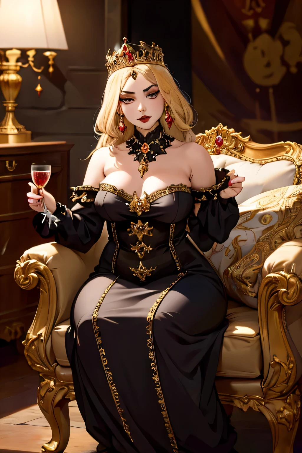 (masterpiece, Exquisite: 1.4), Mulher ((Black hair tied up high, Plus size model, Sparkling hazel eyes, Detailed eyes, Red lips)), vestindo ((A black and red princess gown with a high-heeled boot, holding a book in one hand and a glass of wine in the other: 1.5)), ambiente, sentada numa poltrona (An elegant setting, The woman sits on an ornate throne-like chair: 1.3).
(masterpiece, Aesthetic: 1.3), Mulher ((Long black hair in a high ponytail, Curvy plus size figure, Shimmering brown eyes, Express