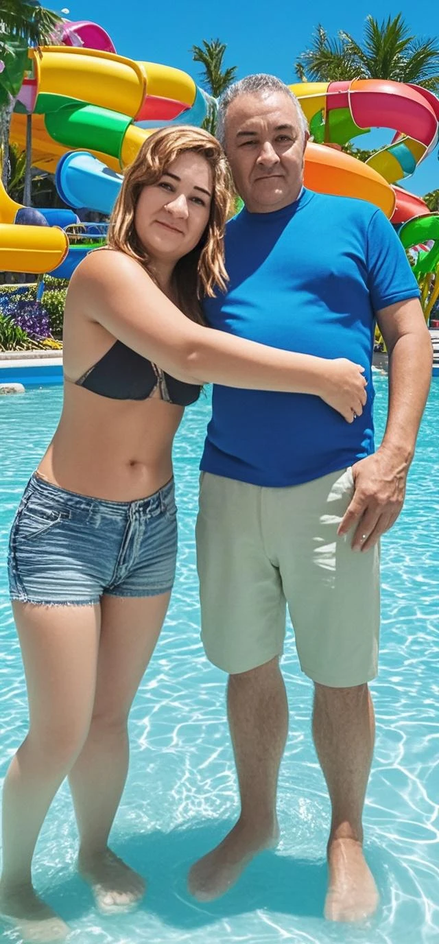 Overwatch, One old man Reinhardt and one young D.va, age gap, age difference, giant tall size, old man 70, long beard white, swimsuit, face smile, hairy body, naked, big long penis erect, cumming, he carries his girlfriend strongly with both hands, kissing mouths loves, ass fuck positions, sexy young girl 18, size tiny and skinny, a little pregnancy, face embarrassing blushed, in comfort sitting position for sex, one old man, one young girl, naked, nsfw, on swimming pool.