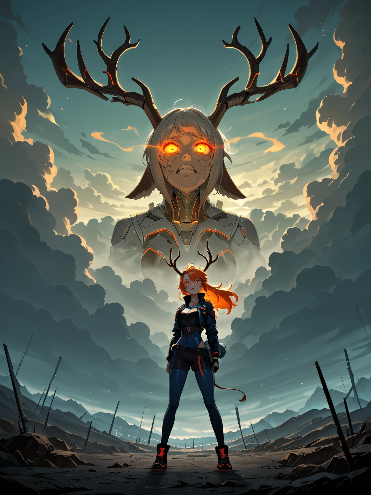girl with elk horns, giant orange eye, anime style, Horrific Scene, detailed, high quality, Cyberpunk, postapocalypse, cold lighting, dark tones, fantastic landscape, cloudy atmosphere, 4k, photorealistic