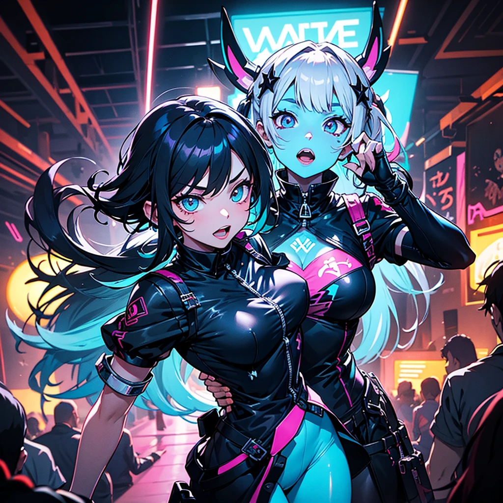(best quality, masterpiece), 2girls, hologram, cyberpunk, neon, fog, (cartoon: 1.5), thong, tight, small, neon signs, ramen shop, fishnet stockings very low, transparent, very long hair, on piece suit, latex