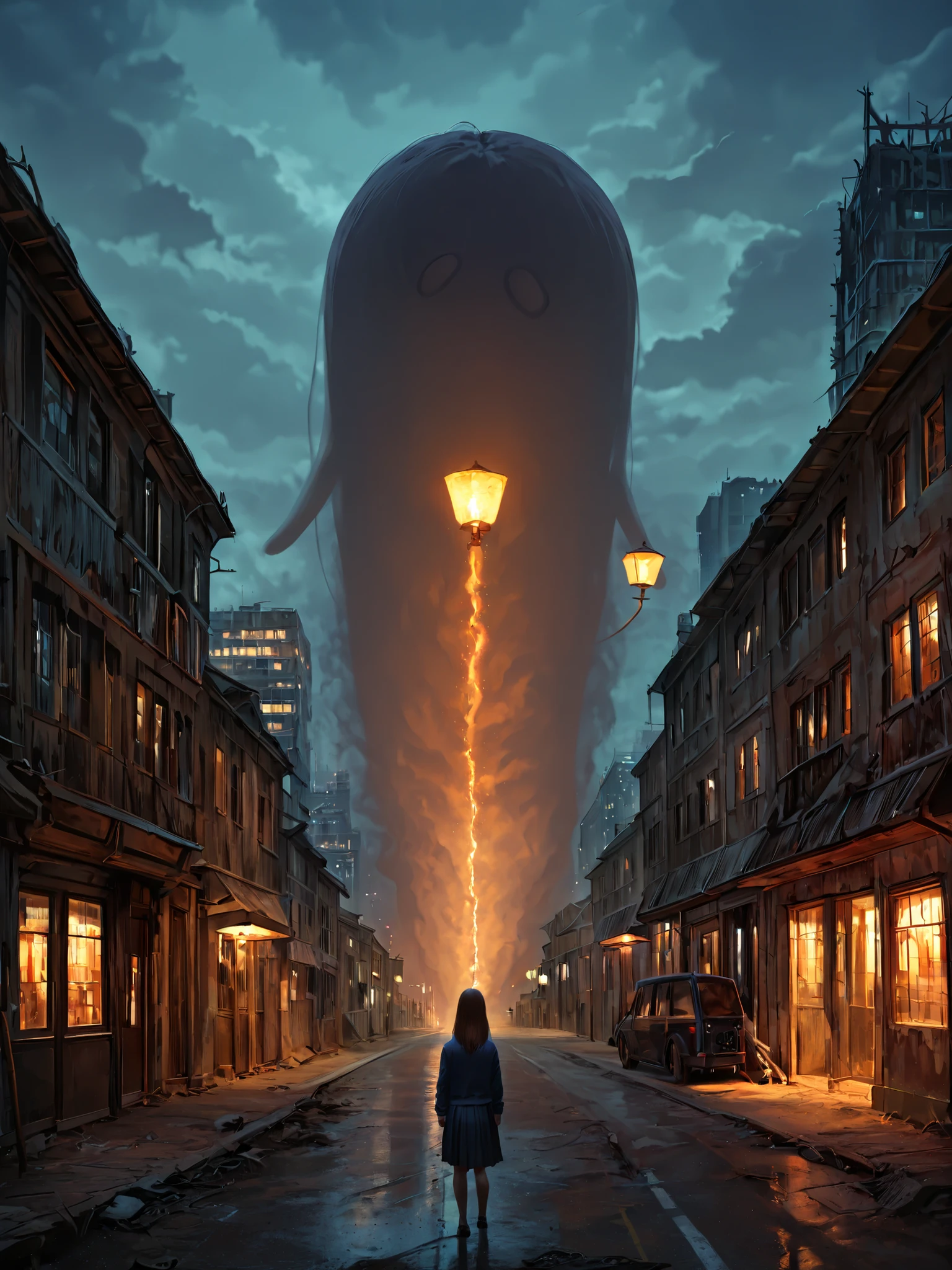 student girl , The girl is standing on the street, A ghost bus rides past the girl, cityscape, passing ghost bus, highly detailed, definition, Realistic, фотоRealistic, HDR, UHD, profesional, bright colors, deep focus, physically correct visualization, cloudy atmosphere, Night Shadows, abandoned streets, creepy mystical setting, disturbing shades, nightmarish concept