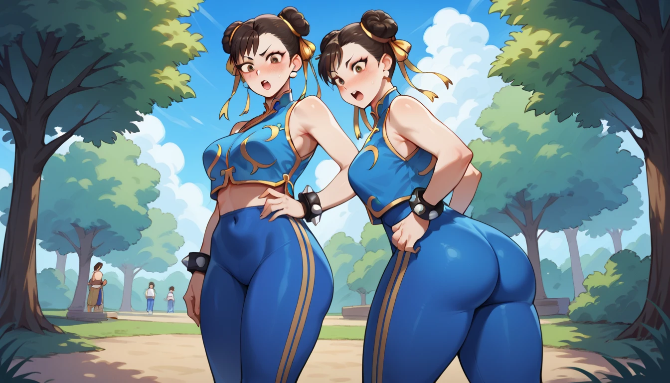 Masterpiece, 4k, highly detailed, CHUN-LI, brown eyes, double bun, yellow ribbon, blue bodysuit, crop top, sleeveless, wide ass, from behind, tired look, 2 girls, short brown hair, red headband, perfect ass, crowd of kids. sweaty,