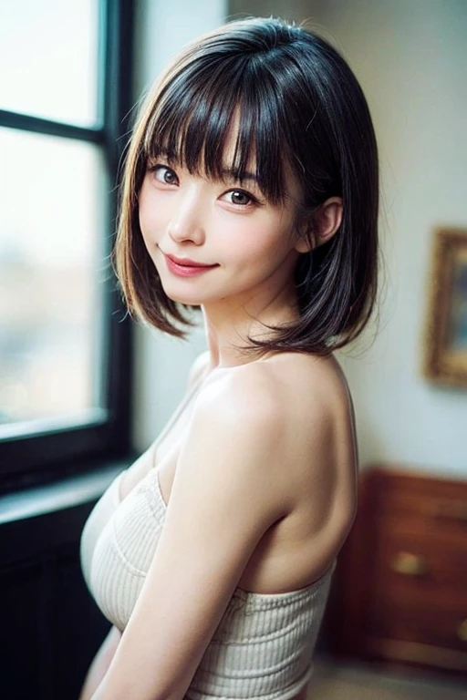(software:1.8、Masterpiece, highest quality),1 girl, alone, hyper Realistic, Realistic,Realistic, Looking at the audience, Light brown eyes:1.4,Brunette Short Bob Hair with highly detailed shiny hair, Brightly colored winter clothes, Lepangas:1.4), Outdoor, Mouth closed, Upper Body、big chest eye、eyelash、{Hugeな|big chest|Hugeなな|Mega} whole :2, chestの谷間:2、(((big chest eye、Short Bob Hair:1.8、Looking at the audience、She is very beautiful and cute、Show me your ears、Long neck、smile、Close your mouth and smile、Bangs and beautiful teeth)))、Ideal body type、（Norway covered in snow in winter）、美しいLong neck:1.4、(({Huge|big|Hugeな|Mega} chest, chestの谷間:2、Upper Bodyは何も身に付けていない:2、moderate lighting、Off the shoulder))、(((Portraiture:2)))、Perfect Anatomy