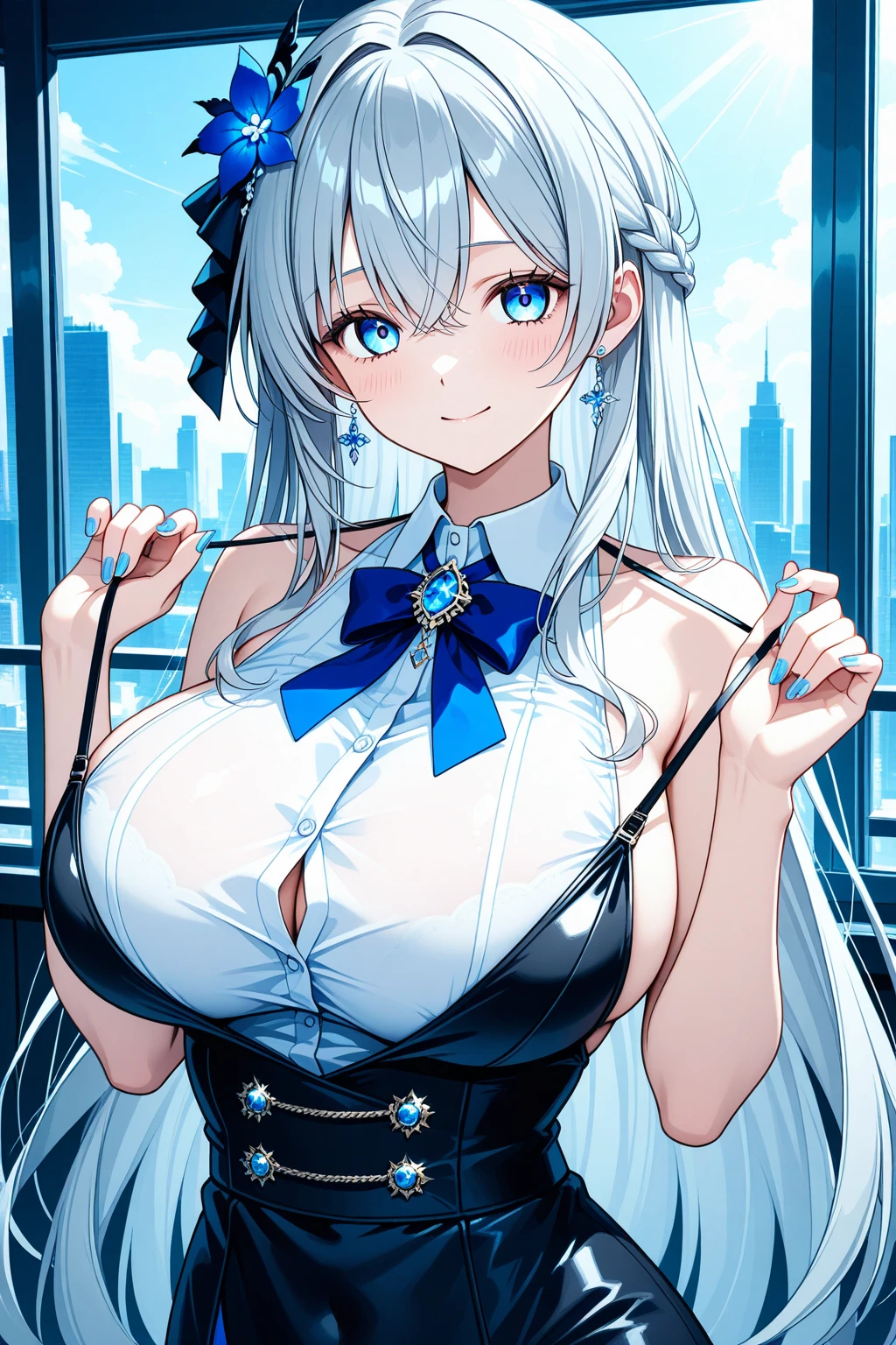((obra maestra)), ((mejor calidad)), (ultra detallado), ((extremadamente detallado)), 4k, (8K), mejor calidad, (Hermoso), estilo animado, mirar hacia arriba desde abajo, bar, noche, a pretty girl, 1 chica, solo, traje, Hermoso rainbow hair, Hermoso blue eyes, ((Hermoso eyes)), De piel blanca, pendientes, collar, sonrisa
