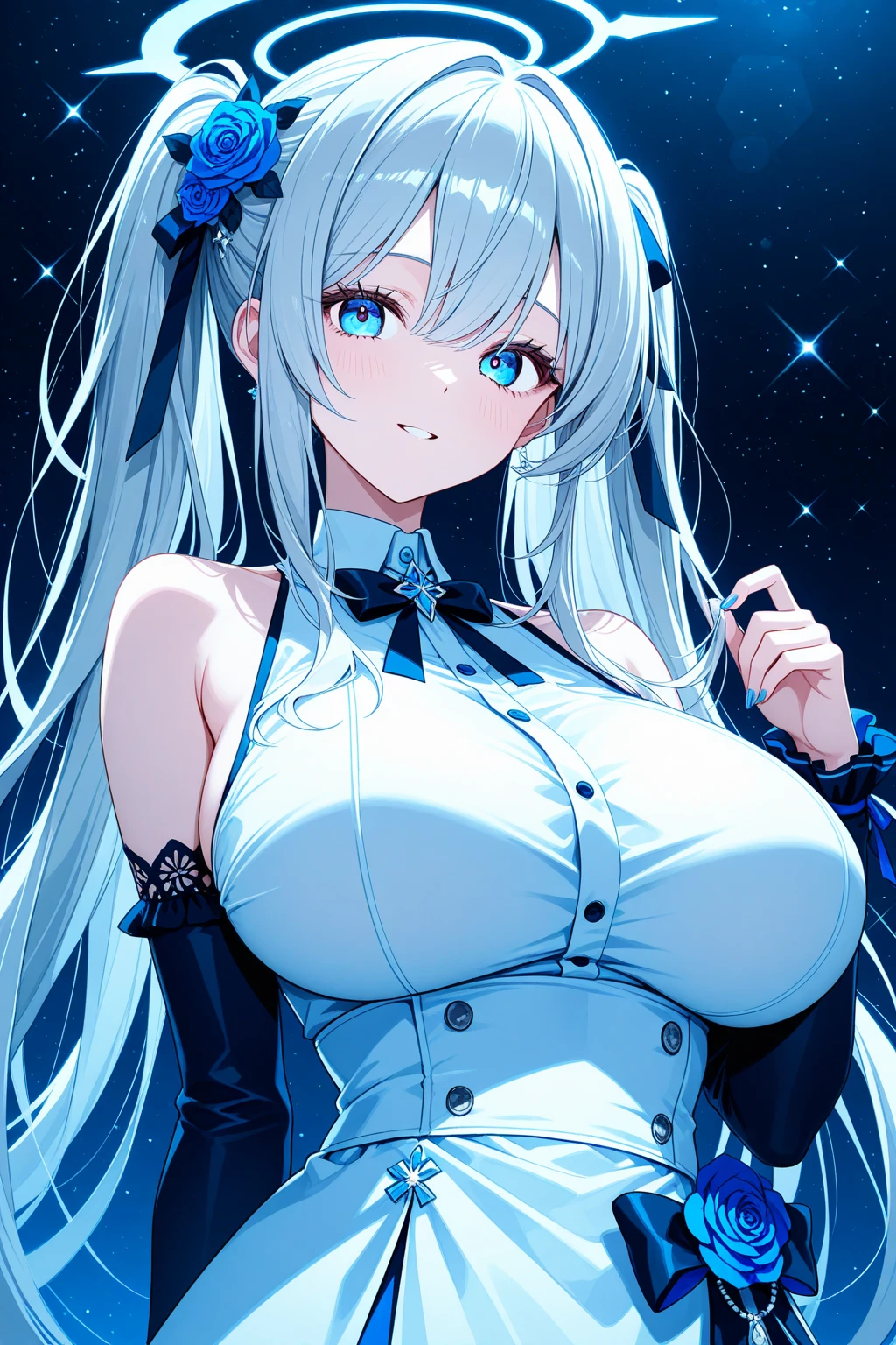 best quality, masterpiece, highres, solo, {morgan_fgo:1.15}, long_hair, blue_eyes, braid, bangs, ponytail, breasts, bow, black_bow, french_braid, grey_hair, hair_bow, very_long_hair, large_breasts, sidelocks, cleavage, 1girl, crown, looking_at_viewer, veil, white_hair, black_dress, blue_lips, dress, lipstick, makeup