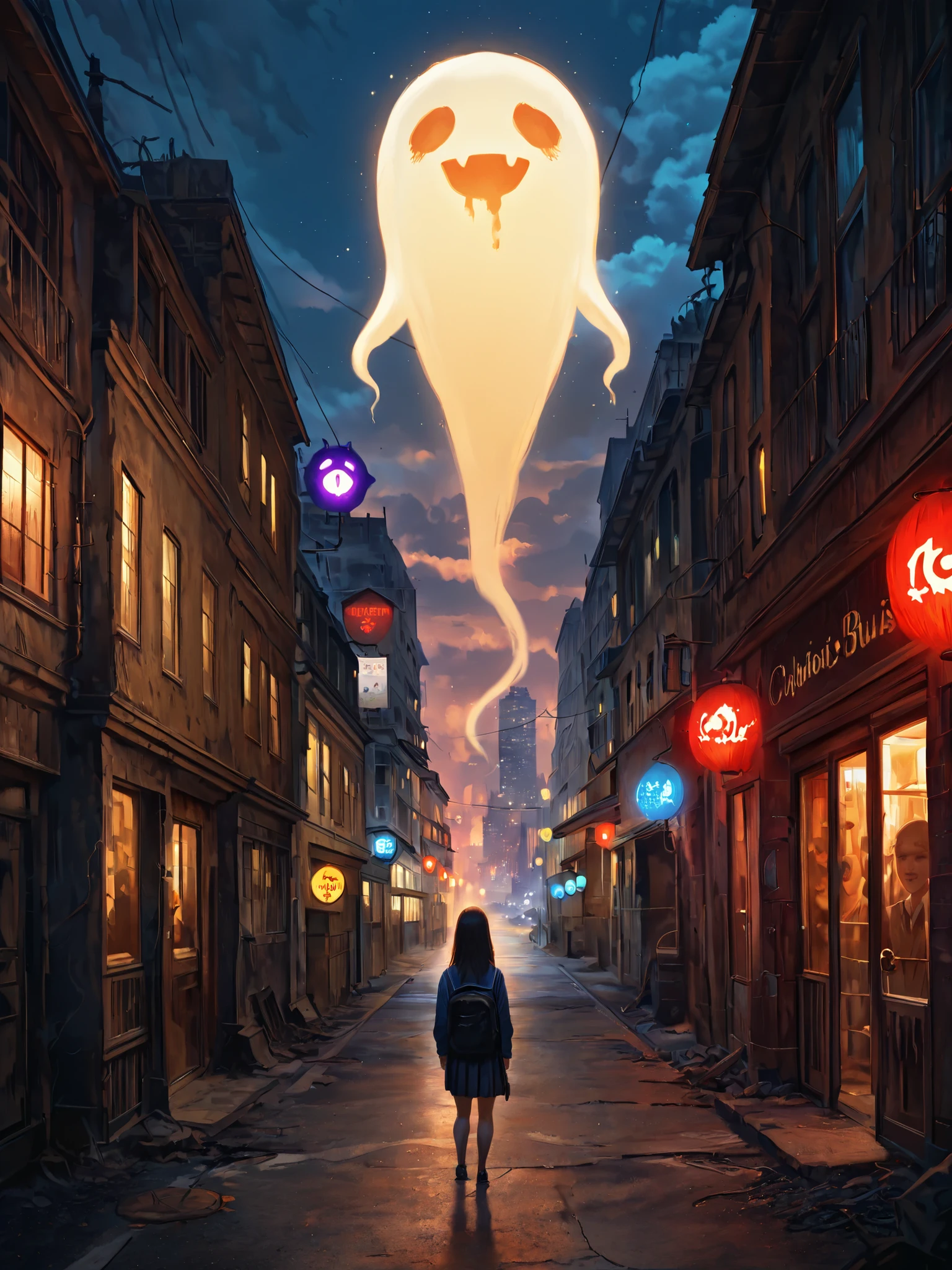 student girl , The girl is standing on the street, A ghost bus rides past the girl, cityscape, passing ghost bus, highly detailed, definition, Realistic, фотоRealistic, HDR, UHD, profesional, bright colors, deep focus, physically correct visualization, cloudy atmosphere, Night Shadows, abandoned streets, creepy mystical setting, disturbing shades, nightmarish concept