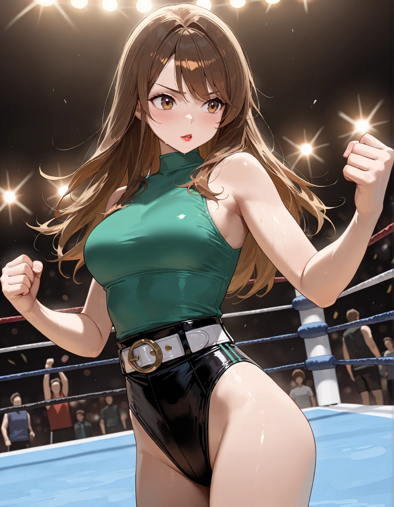 cowboy shot, upper body view, anime style: 1.8, anime drawing, ultra detailed face, ultra detailed body, 4k, Sumergai Lee Noriega, (standing), best quality, anime style, hires, highest definition, digital blending, bold drawing lines, ((slender body, female wrestler), (location: wrestling arena, crowds watching), (weak body, slender body, broad shoulders, drawn armpit line, very soft armpit), ((white micro bikini top, long pants, white boots, white gloves, collar)), victorious, winner, smile, , (big breasts), (big eyes, brown eyes), (warming up), (brown hair, loose hair, curly hair, wavy hair, long hair, missy hair), 27 years old,