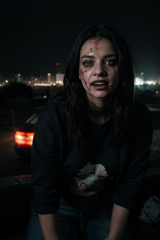 A horrifying ghost woman (kuntilanak) in urban horror style, floating in a dark rooftop parking lot, wearing a torn, blood-soaked hoodie and jeans, her long black hair covering a grotesque face with glowing red eyes and a wide, sharp-toothed smile. Neon lights flicker in the background city skyline, mist surrounds her, and crows circle above. Ominous symbols glow faintly on the ground. Dark cinematic lighting, highly detailed, nightmare-inducing horror atmosphere.
*#horror #ghost #urbanlegend #dark #cinematic #realistic*