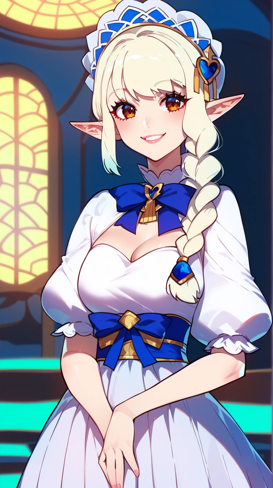 Blonde elf，A mature wife，Wearing a lace white bra，A blonde hair was scattered behind him，It was a hostess of a hostel