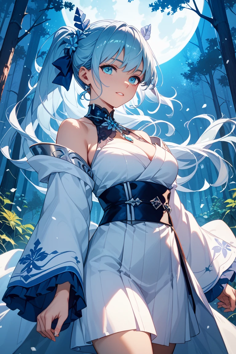 illustratio　blue eyess　White hair　big breasts thin waist　florals　optic　a smile