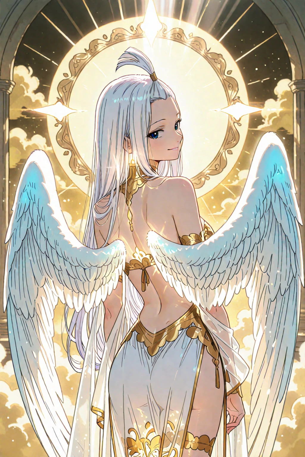 ((1 girl,20 years old)),solo,white hair,long hair,(((white skin,pale skin,colored skin))),elf ear,(((naked))),(white background,line drawing),upper body,looking to viewer,angel wings