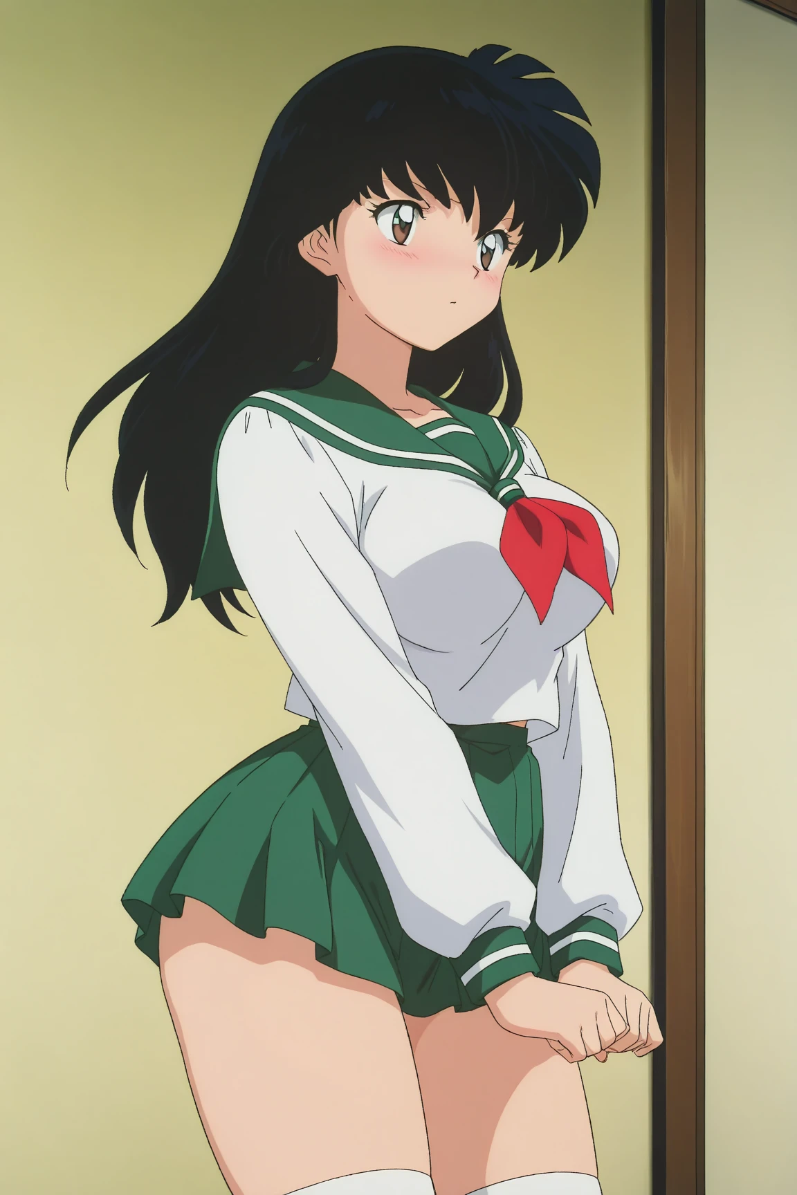Kagome Higurashi, (((Bimbo))), (school uniform),Puffy lips, Painted lips, thick lips, wide hips, thick thighs, Big Breast, Huge ass, Eros Smile Face, fake naked breasts showing , huge round fake breasts, breasts, huge fake breasts,