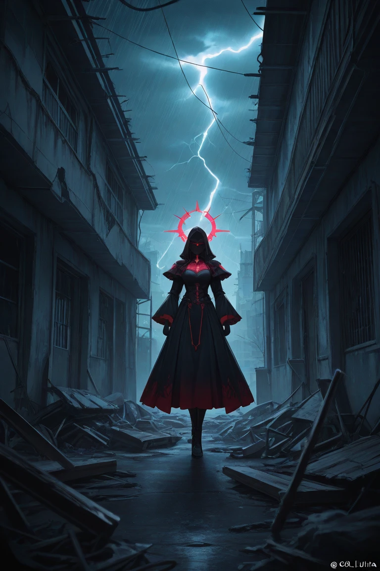 Imagine a renegade kunoichi with a detailed and complex design. She wears a tight-fitting black ninja outfit intertwined with deep red bands that glow with an inherent light, symbolizing her mastery over blood powers. Her hood, adorned with intricate patterns of dragons and cherry blossoms, partially hides a face marked by battle scars. Her eyes, a vivid crimson, shine with fierce determination. She wields a black-bladed katana etched with ancient runes along its length, capable of draining the vitality of her foes. On her belt, glass vials containing the blood of defeated enemies glow with a supernatural light. Her abilities allow her to manipulate this blood to create temporary weapons or armor, rapidly heal wounds, or unleash devastating attacks. Around her neck hangs a jade amulet shaped like a drop of blood, an artifact that amplifies her powers and connects her with ancient spirits. Her boots are light and silent, enabling her to move with the grace of a shadow, and her hands are wrapped in glowing rune-inscribed bandages for protection. Every movement she makes is calculated and precise, a testament to her rigorous training and unwavering determination in her quest for vengeance and redemption
