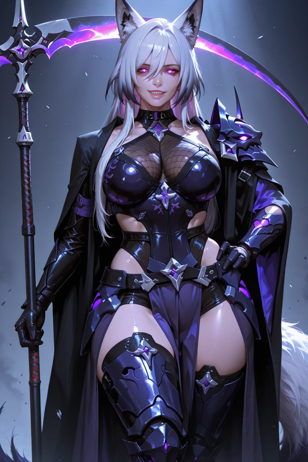 Full body image of a succubus in black leather armor,style of anime, Abs,armour,banya,mitts,bevel,Shoulder blades,Casters,bluntbangs,By bangs,long whitr hair,Closed-Mouth,Spikes,black-skinned,Absolutely beautiful,Purple eye,burly build,musculous,Evil charm,whaite hair,The chest is large,Anterior convex and posterior,Devil figure,Dress revealingly