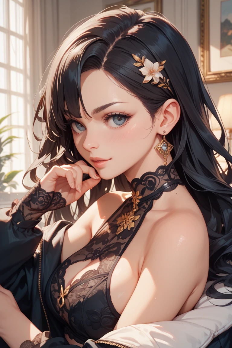 Bow hair ornament，Perfect face，MagazineCover，full bodyesbian，Street Moonlight，obi strip，Real human skin ，Charming eyes very detailed，Curly lips， Elegant smile，Eye details are meticulously depicted，largeeyes，A yellow aperture overhead，Soft natural light，cinematric light， Sideslit，Sexy lace clothing， Open V chest clothes，Star pupil hair ornament necklace jewelry，Wavy details for brunette hair，3Drenderingof