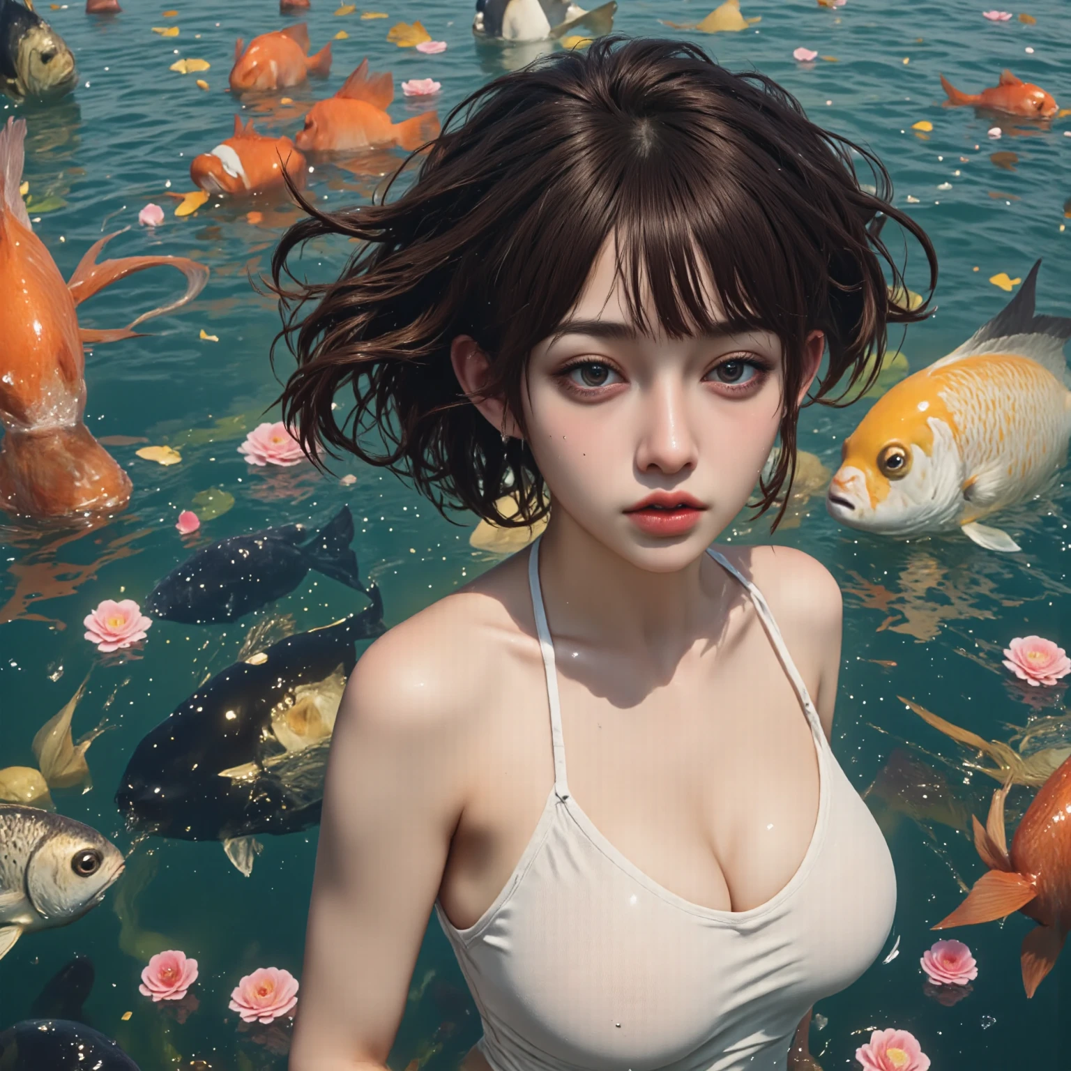 (((30-year-old woman with)))、((aquariums))、masterpiece, 1 beautiful girls, (((very_Short_hair))), Eye details, Swollen eyes, Top image quality, 超A high resolution, (Realistis: 1.4), OriginalPhotographs, 1girl in, Cinematographic lighting, japanes, very beautif, Beautiful skins, (A hyper-realistic), (hight resolution), (8 K), (ighly detailed), (The best illustrations), (beautifully detailed eyes), (ultra-detailliert), A detailed face, look at a camera, Facing straight ahead, Neat Clothing, shorth hair、A dark-haired、46-point diagonal bangs、((aquariums))、Lots of fish、(((tropical fish)))