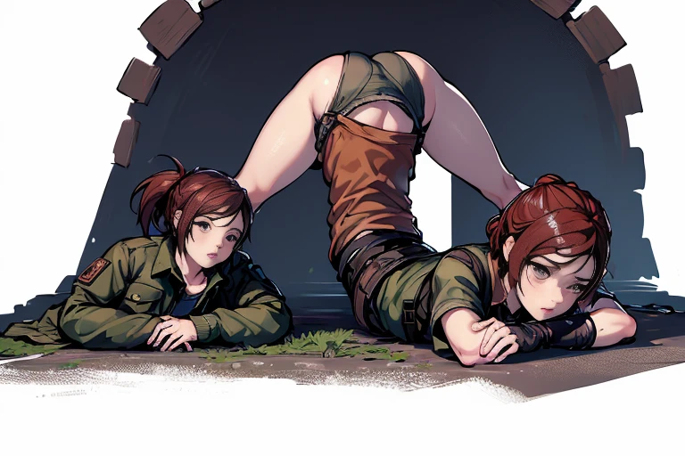 1Elf slave girl with redhair standing in front of wall, chained to wall, hands attached to wall, arms raised, girl standing, naked, big breast, puffynipples, girl chained in dungeon, dark and dirty dungeon, embarrassed and crying face, mouth open, eyes closed, tears, stone walls, chains, shackles, dark and humid environment, shackles on wrists and ankles, spread legs, wet pussy, 1 executioner behind her hugging her ass having sex with her