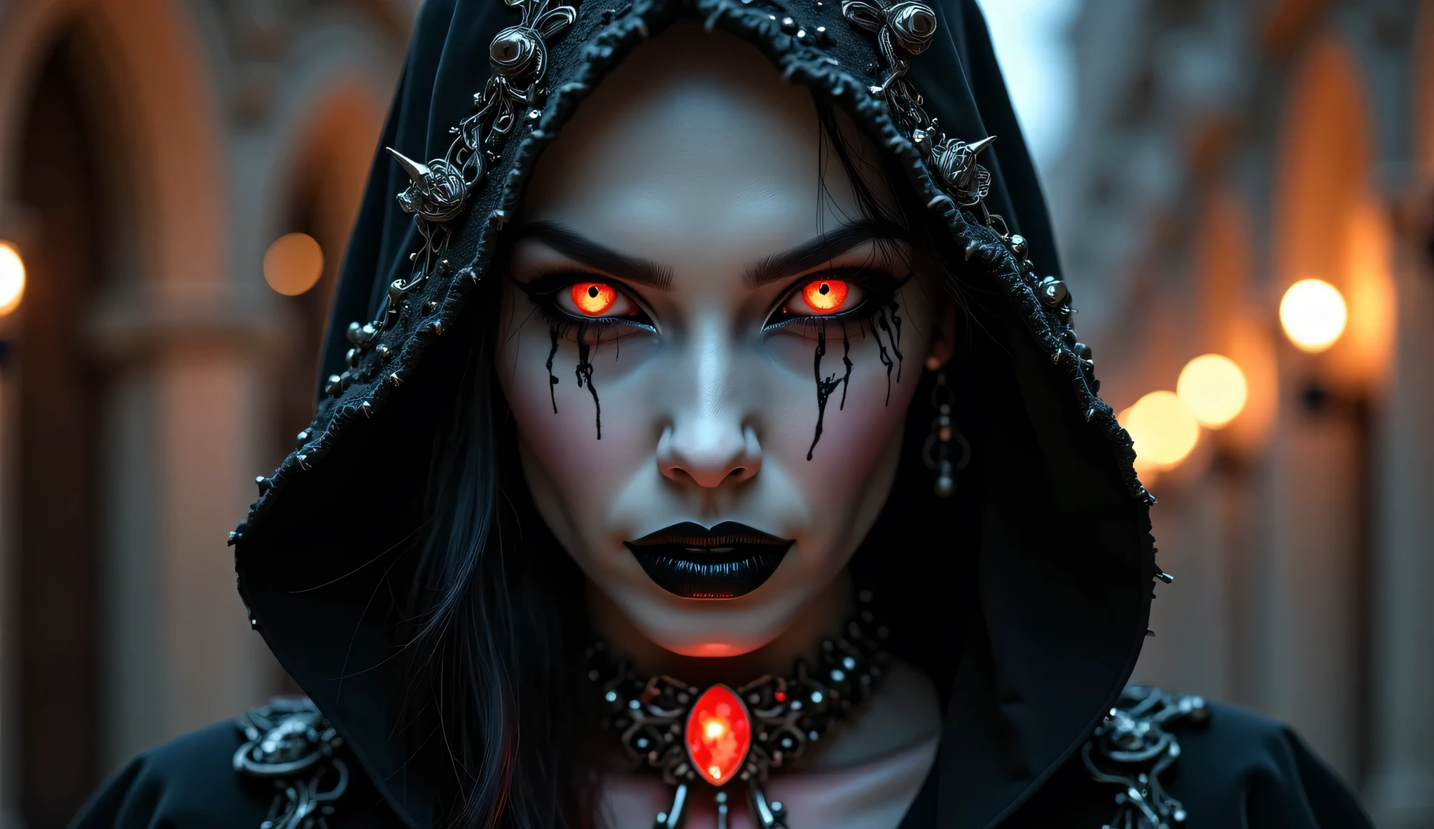 a horrifying woman, dark fantasy, dark magic, occult, dark creature, dark energy, dark powers, dark spirits, dark ritual, dark gothic, dark surreal, dark moody, dark dramatic, dramatic lighting, dramatic shadows, dark colors, deep shadows, gloomy atmosphere, haunting, unsettling, sinister, ominous, mysterious, enigmatic, (best quality,4k,8k,highres,masterpiece:1.2),ultra-detailed,(realistic,photorealistic,photo-realistic:1.37), golden eyes