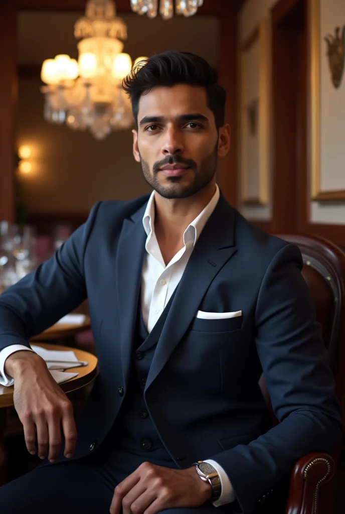 A handsome and sexy man wearing a casual white short and blue suit,and formal pant, , he has gorgeous face,and stylish black hair, and short beard, he is sitting in a cafe, homoerotic, nsfw ,open legs, alluring pose,(pussy)
