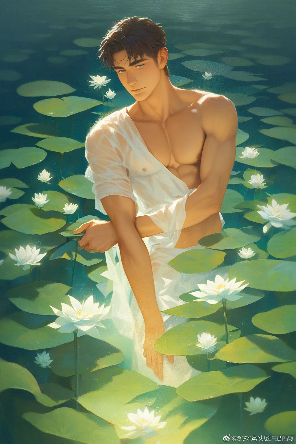 1boy, adult, handsome, perfect face, detailed eyes and face, clean shaved, muscular, capturing a rural atmosphere, dynamic lighting, unreal engine 5, hd picture, satoru gojo, white hair, short hair ,hair between eyes ,blue eyes, white skin, milk pink nipple details, male mermaid