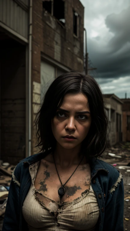 Pale girl with dark circles, short messy blue hair in a zombie apocalypse