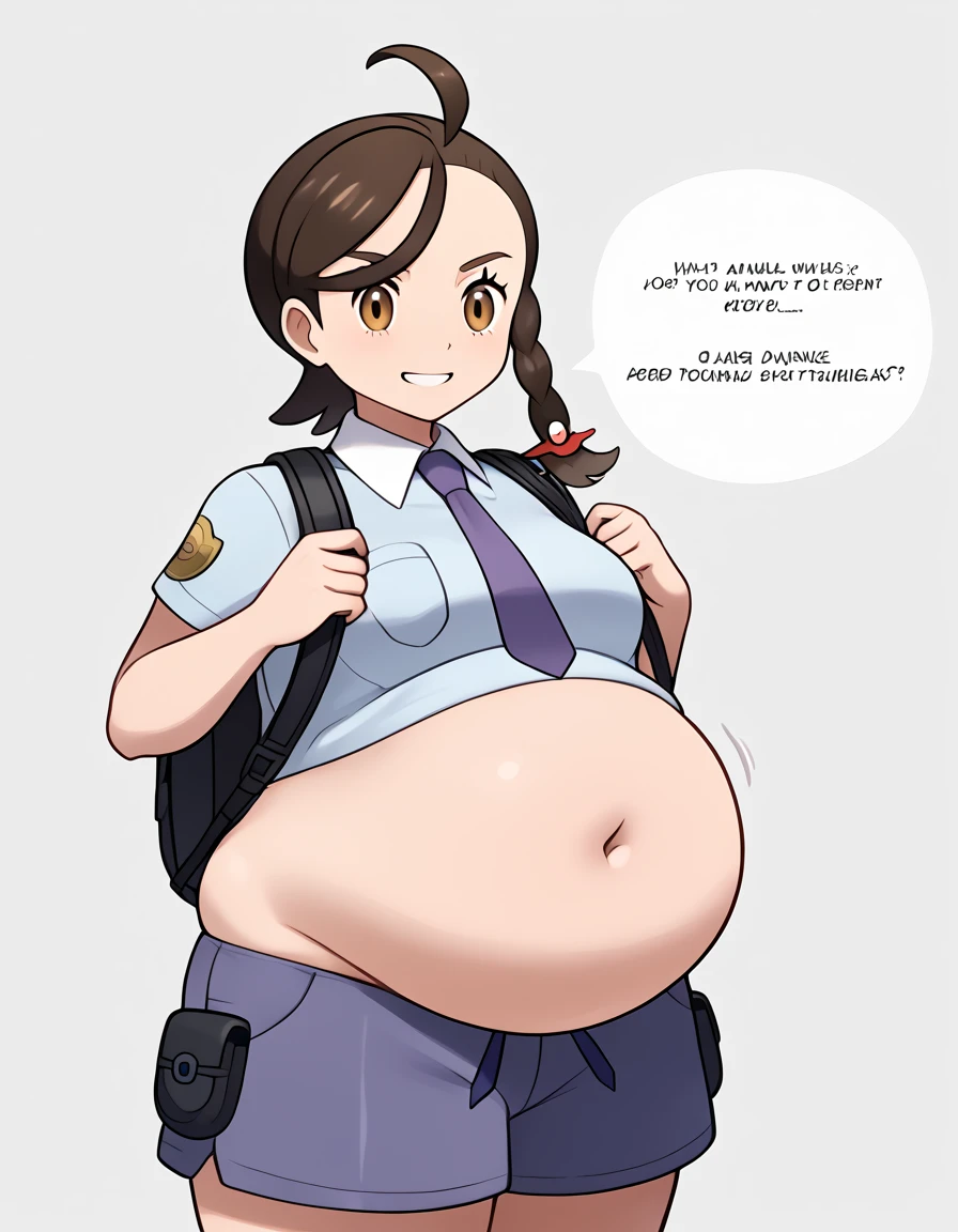 In the business district、A pregnant woman in her final month of pregnancy wearing a police uniform、Anime characters、She looks distressed because she is in labor.、Are standing、Place one hand on your stomach